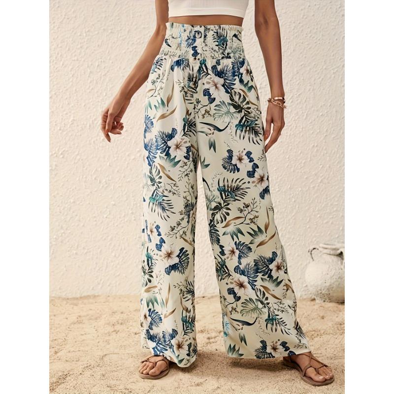 Women's Fashion Casual Flower Pattern Print High Waist Trousers Pants & Capris