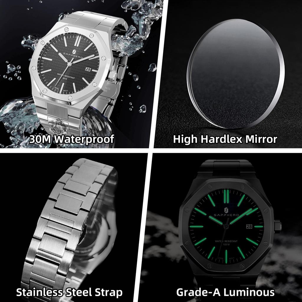 SAPPHERO Watches Octagonal Stainless Steel Waterproof Luminous Wristwatch Luxury Analog Quartz Watch Date Dress Business Watch Casual Luxury Design