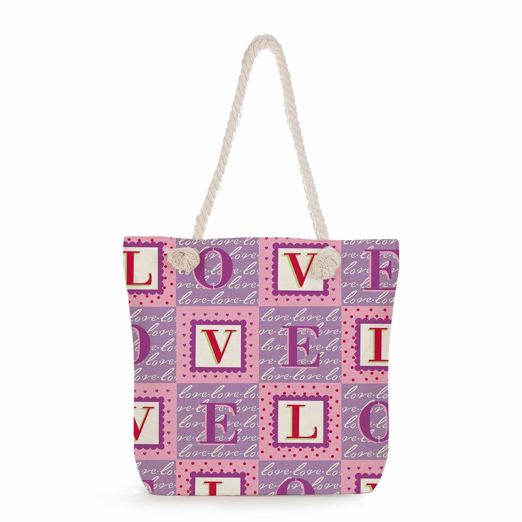 Multifunctional Valentine's Day Printed Thick Rope Shoulder Beach Bag Casual Large Capacity Handbag 0122