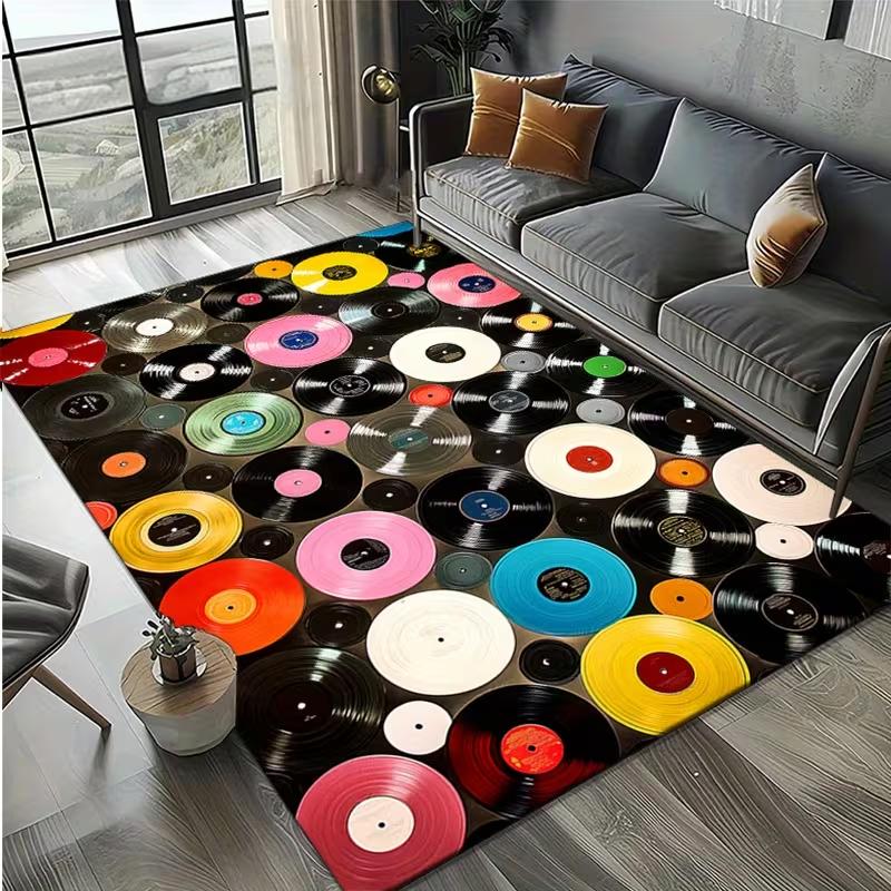 Cozy Vinyl Record Turntable Printed Area Rug Non Slip Washable Floor Mat for Living Room Bedroom Retro Music Home Decor Carpet