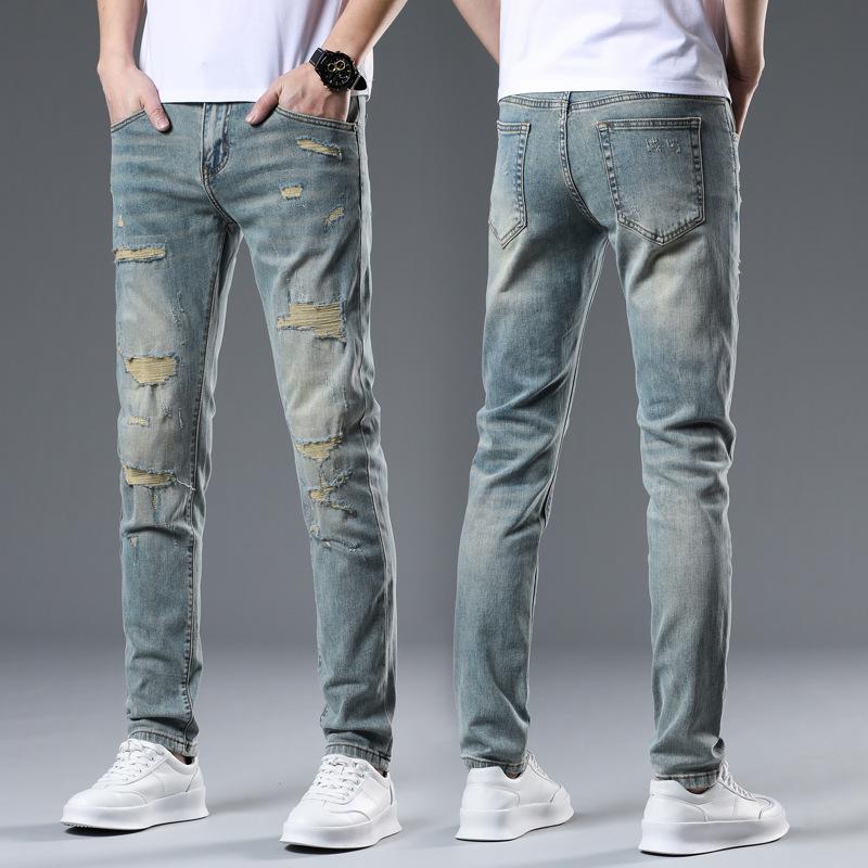 Spring and Summer Ripped Jeans Men's Slim Feet Pants Men's Trousers