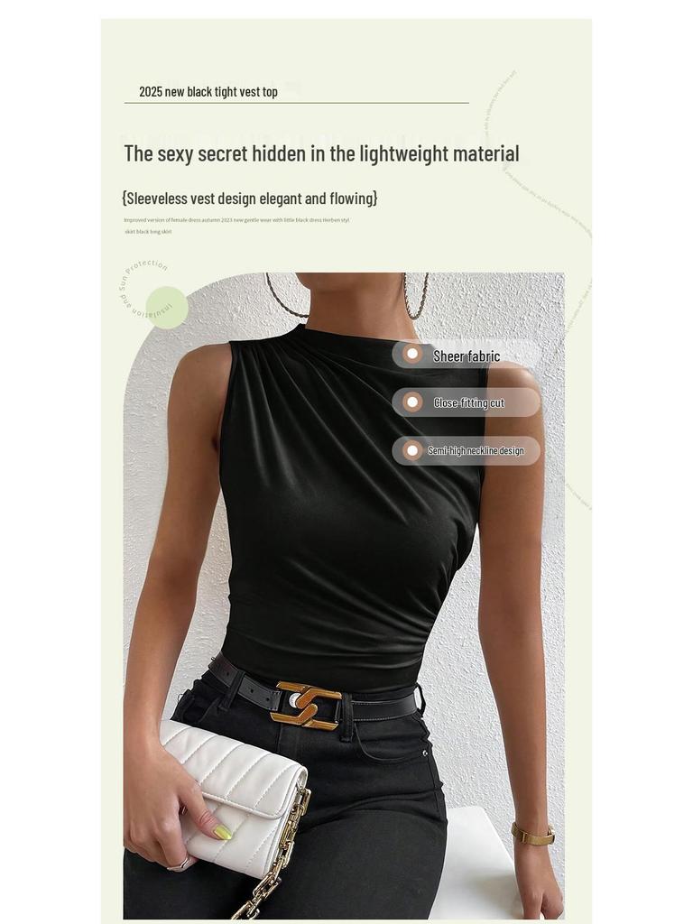 2025 Fashion Sleeveless Semi-high Neck Ruched Pullover Vest