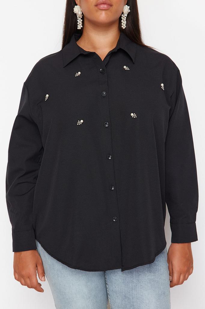 Women's Style Plus Size Shirt Black Large Size Stone Embroidered Poplin Woven Shirt