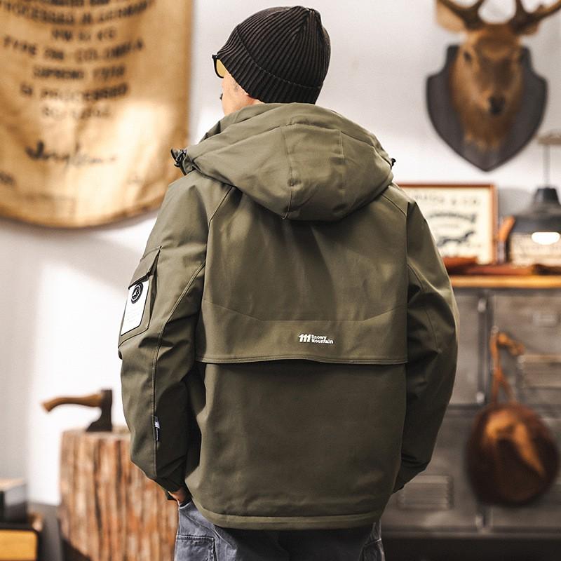 Mens Vintage Workwear Down Jacket Winter 2026 Mountain Outdoor Functional Parka Hooded Loose Fit Olive Black Coffee