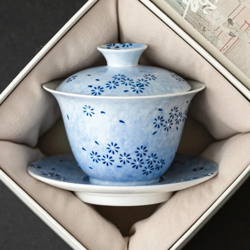 117ML Sprinkled Blue Daisy Cover Bowl High-end Exquisite Three Talents Hand-painted Ceramic Tea Bowl with Cover Kung Fu Tea Set