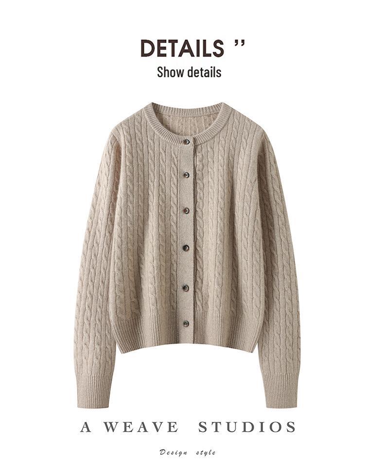 Elegant Twisted Cable Cashmere Cardigan - 2026 Autumn/Winter Women's Round Neck Thick Base Layer, Loose yet Slimming Outerwear