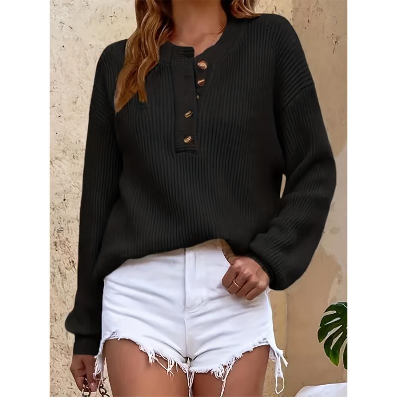 [Cozy Sweater] Soft & Comfortable Women's Cozy Pink Sweater | Casual Crew Neck, Long Sleeve Pullover for Fall/Winter, Button Details