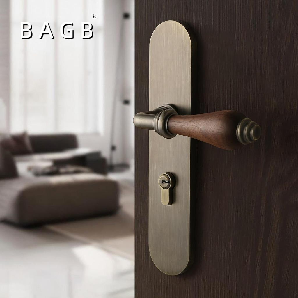 Mid-Century Silent Magnetic Bronze Door Handle with Lock for Indoor Wooden Bedroom Doors