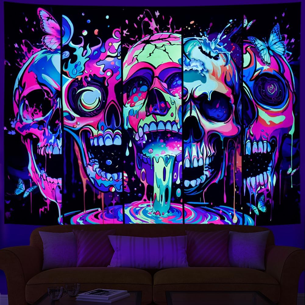 Heopapin Blacklight Skull Art Tapestry UV Reactive Neon Skeleton Butterfly Tapestries Trippy Blacklight Horror Face Tapestry Halloween Aesthetic Wall