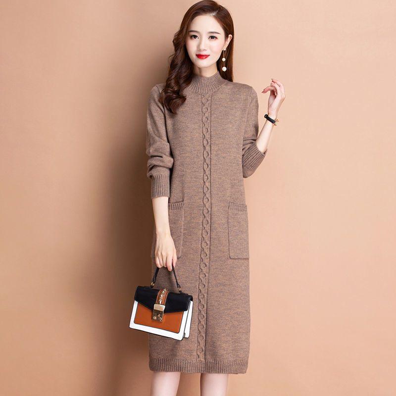 Autumn Winter Women's Half Turtleneck Knit Dress Slim Fit Solid Color Pullover Long Sweater Dress
