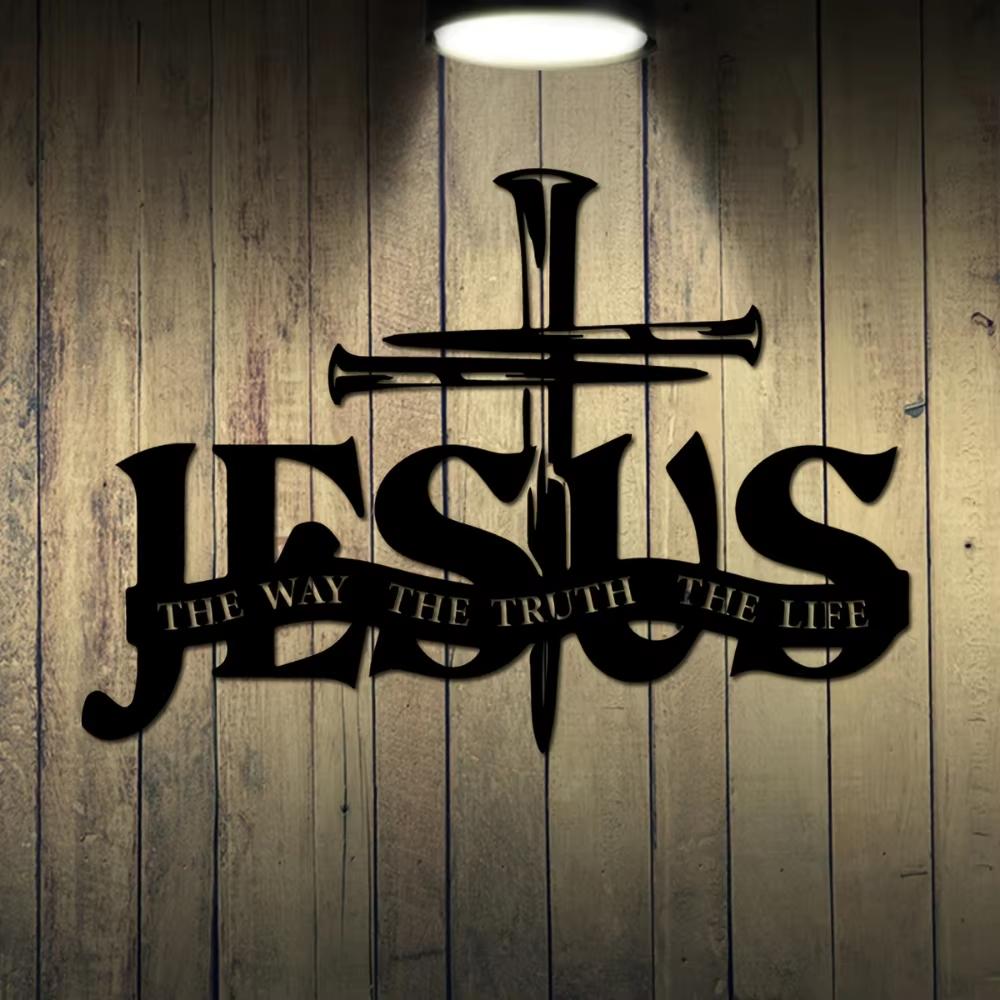 Enkelbitad Metall Jesus Väggkonst Prydnad Horisontellt Orienterad Religiös Symbol med Kors, Sanning Liv Skrift