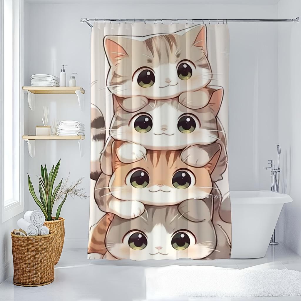 

One-Piece Shower Curtain - Digitally Printed Art Pattern, Four Cute Cats Stacked, Polyester Fabric, With Hooks W60H190(CM)-1 Pcs