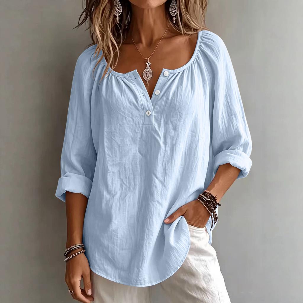 T-shirt décontracté à col en V et manches longues pour femme - Coupe ample - Pull - Haut de couleur