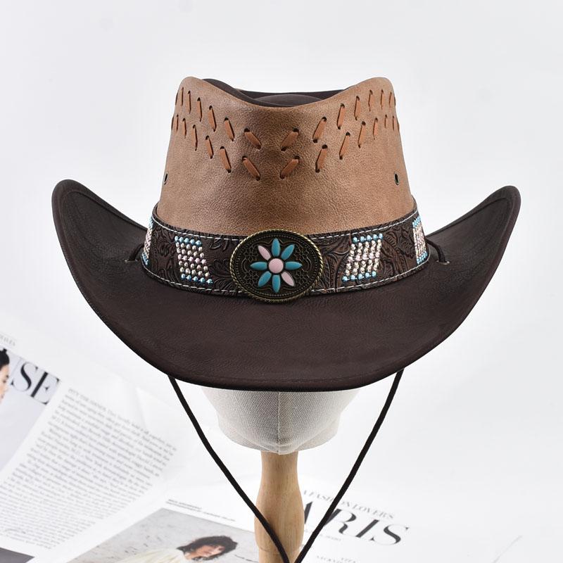Unisex 100% Leather Western Cowboy Hat Vintage Gentleman Jazz Hats For Men Panama Cowgirl Hat