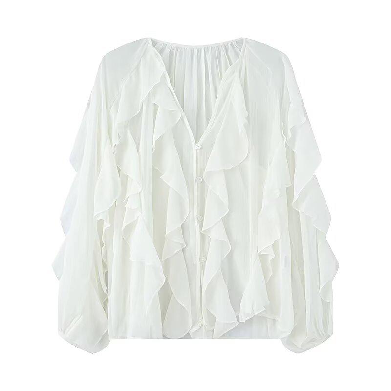 Summer 2026 European & American V-Neck Layered Ruffled Pleated Women's Shirt