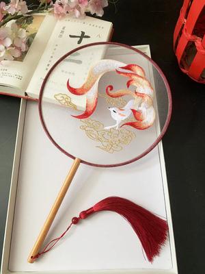 Chinese Traditional Art Embroidery Wooden Hand Fan, Classical, Ancient Dance Costume, Han Fu Cheongsam with Long Handle, Tasse