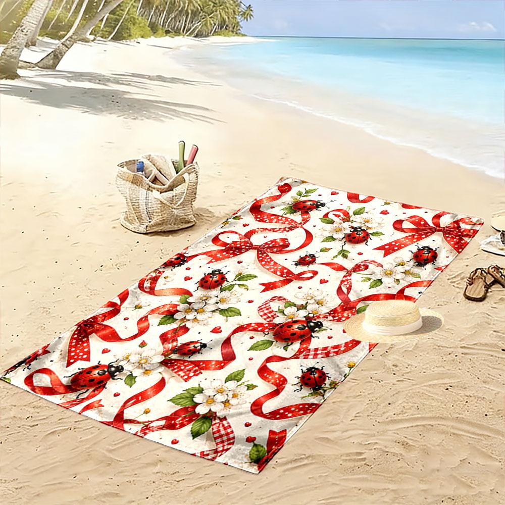 Playful Blossoms and Ladybugs Print Beach Towel, Quick Drying, Suitable for Travel, Outdoor Sports, Jogging, the Beach and Swimming, Gift