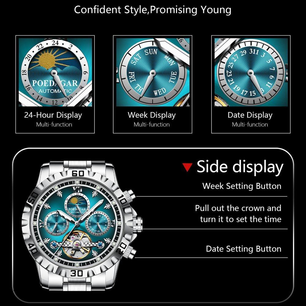 POEDAGAR Militärischer Luxus Herrenuhr Mechanische Wasserdichte Uhr Skelett Tourbillon Automatik Edelstahl Uhren