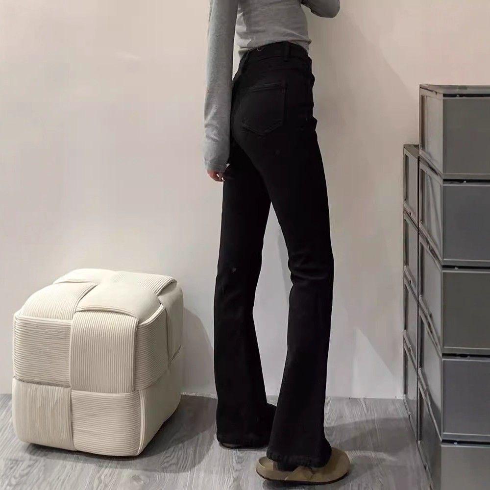 Women's Black Micro-Flare Jeans: Plus Velvet, Thickened, Elastic, Plus Size, High Waist, Slimming, for Autumn and Winter.
