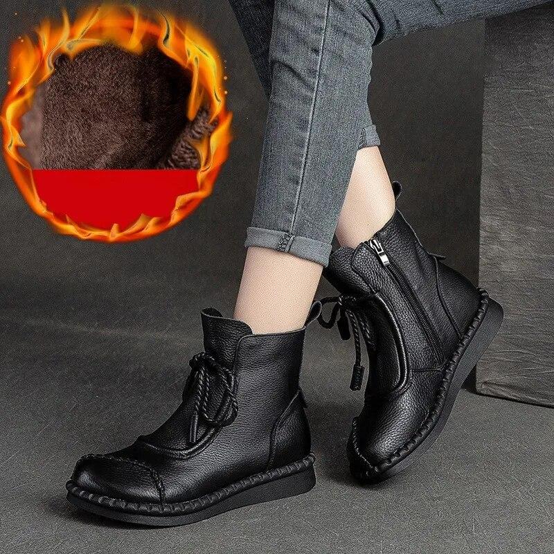 Johnature Flat Bottom Plush Warm Cotton Boots Solid Color Retro Genuine Leather Women's Short Boots