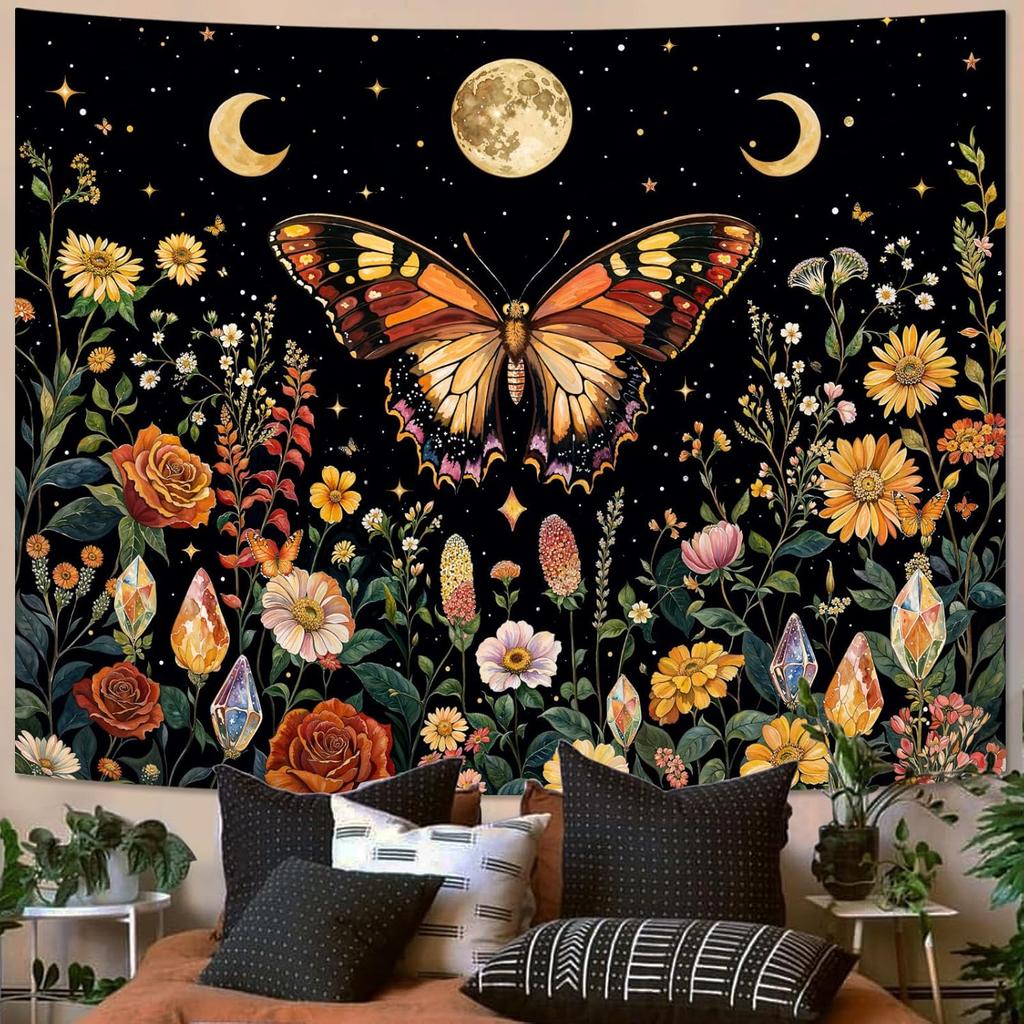 Boho Butterfly Tapestry Flower Moon Wall Tapestry, Moon Phases Tapestries For Bedroom Cute Tapestries Wall Hanging For Bedroom