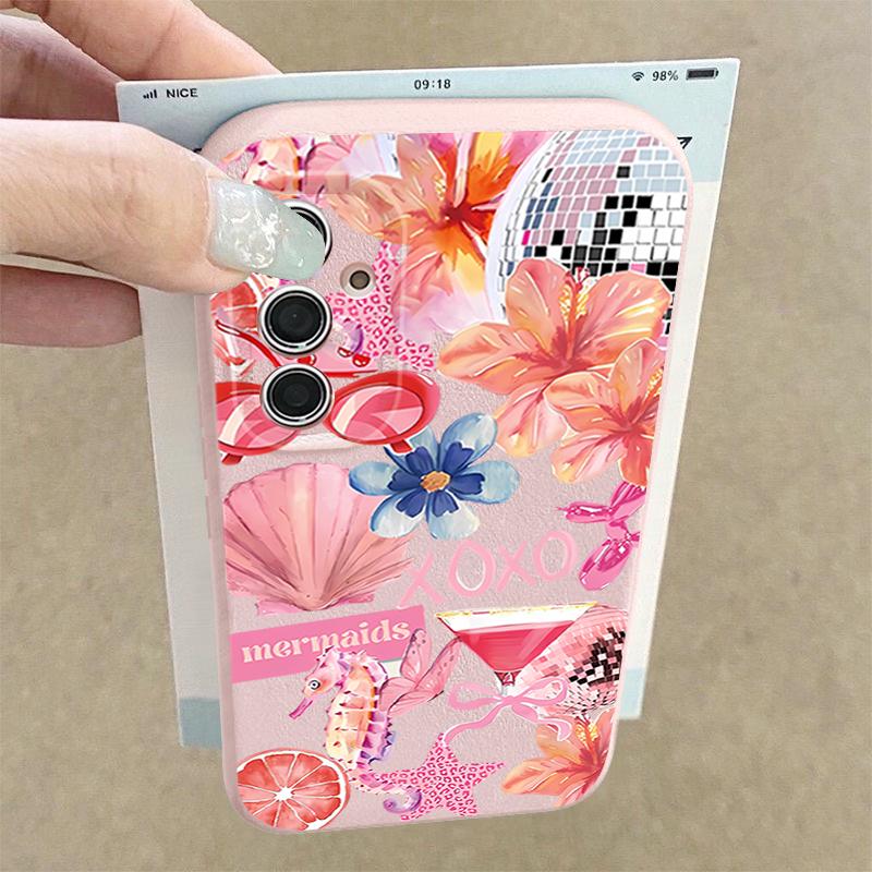 Pink Cartoon Pattern Floral Case For Samsung Galaxy A57 A56 A55 A54 5G A37 A36 A35 A34 A17 A16 A15 A14 Leather Texture Silicone Cover