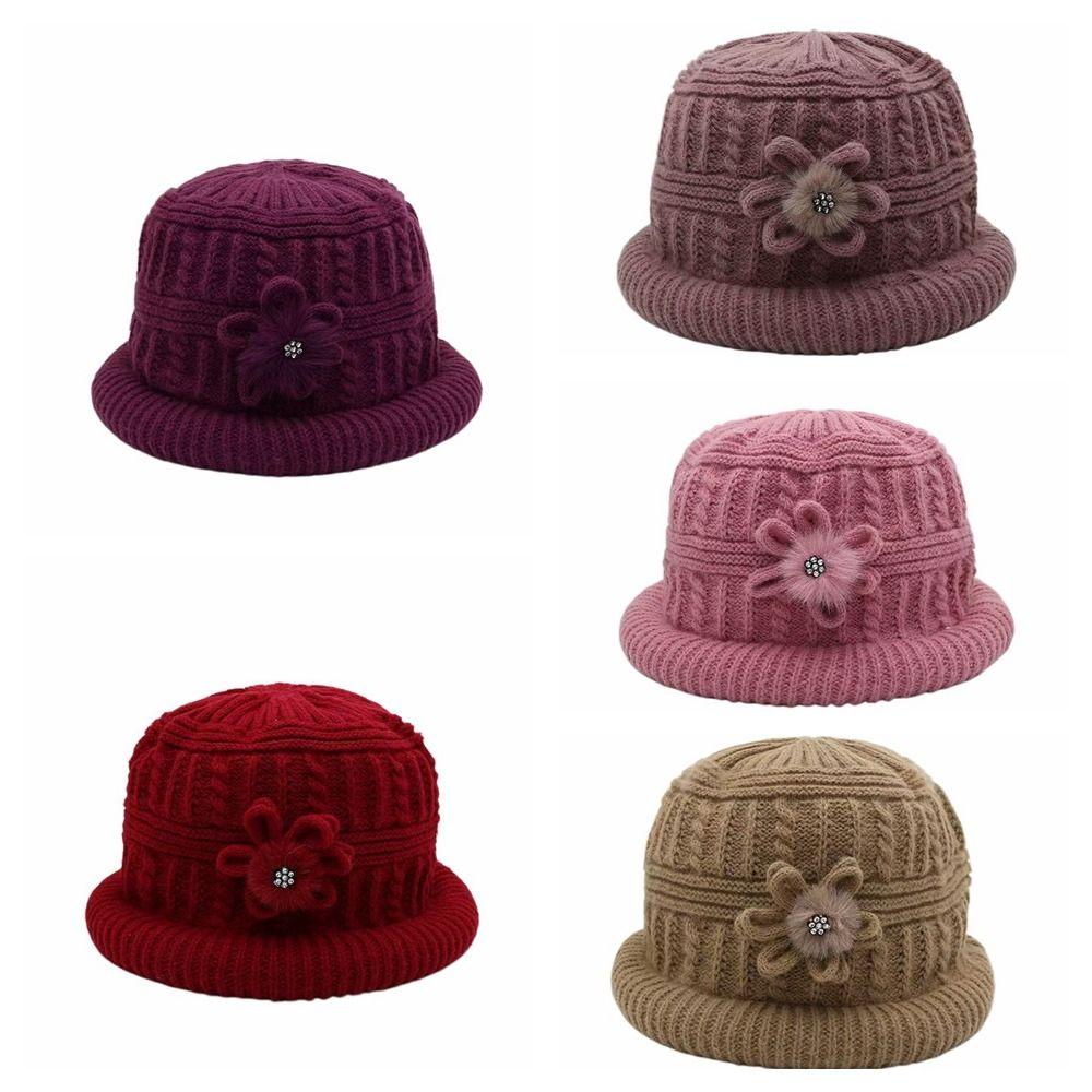 Plush Floral Knitted Bucket Hat Flower Warm Fisherman Hat Retro Woolen Hat Autumn and Winter