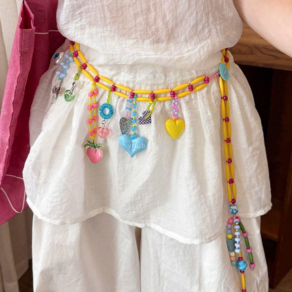 Y2K Dopamine Colored Beaded Waist Chain Hollow Out Bohemian Body Chain Jeans Decoration