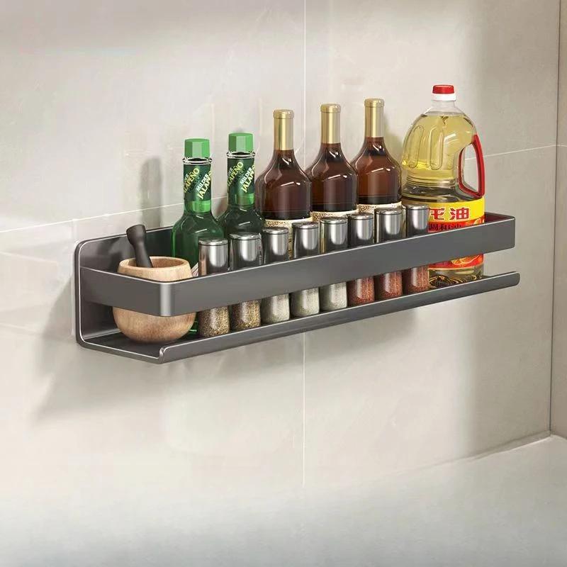 Kitchen Stainless Steel Storage Rack No Punching Bathroom Wall Shelf Seasoning Bottle Storage Kitchen Accessories Organizer