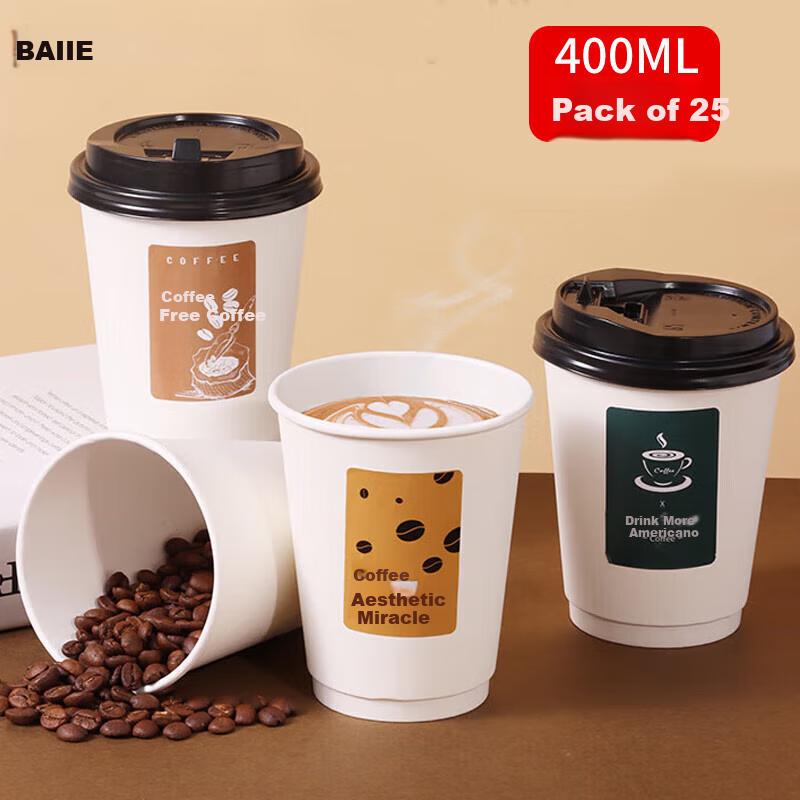 Baijie Disposable Cups, Paper Cups, Coffee Cups, Soy Milk Cups, Milk Tea Cups, Hot Drink Cups, 400ml, 25 Pieces