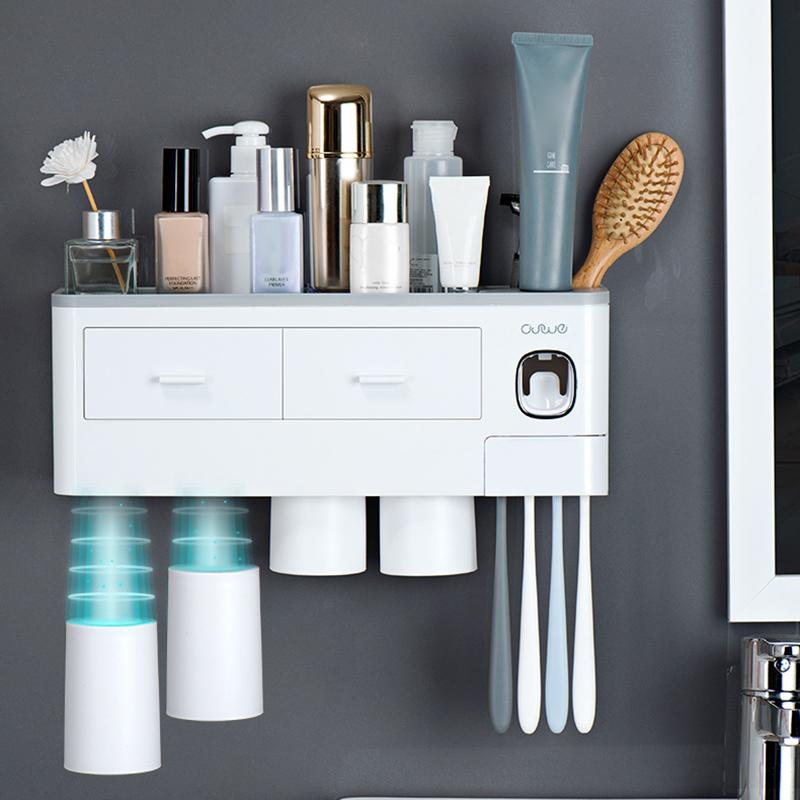 

ASWEI A1910 Bathrooms Wall Mounted 4 Cups Toothbrush Holder with Toothpaste Dispenser,Tray,2 Drawer,4 Brush Slot Grey