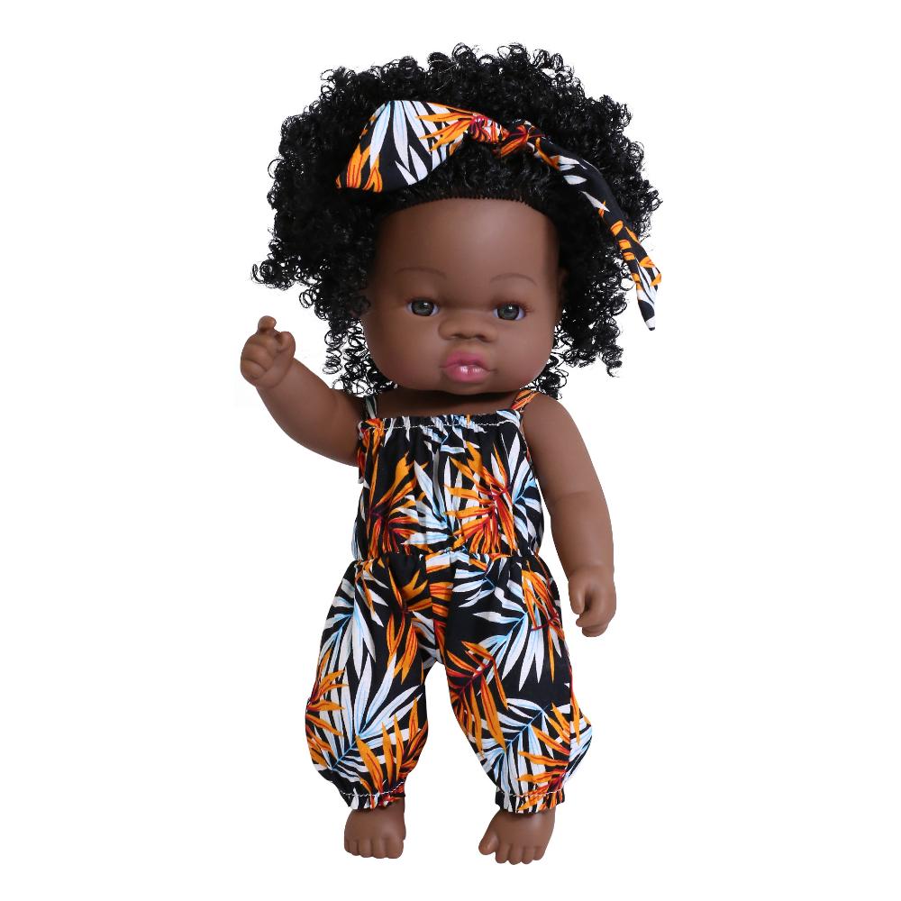 33cm Full Silicone Body Reborn Baby Doll Toys Dark Black Brown Skin Optional Rebirth Doll Lifelike Curly Hair Newborn Doll for Kids Birthday Xmas Gift