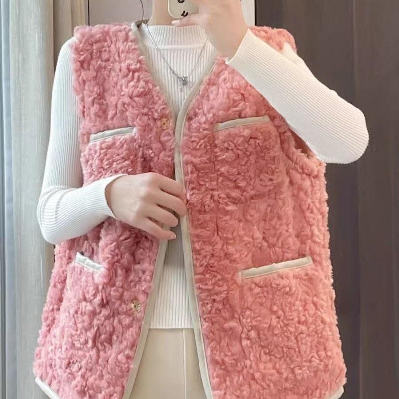 Lamb Wool Vest Jacket Women's Autumn and Winter New Leather Plush Integrated Outer Vest Vest Women's Trend