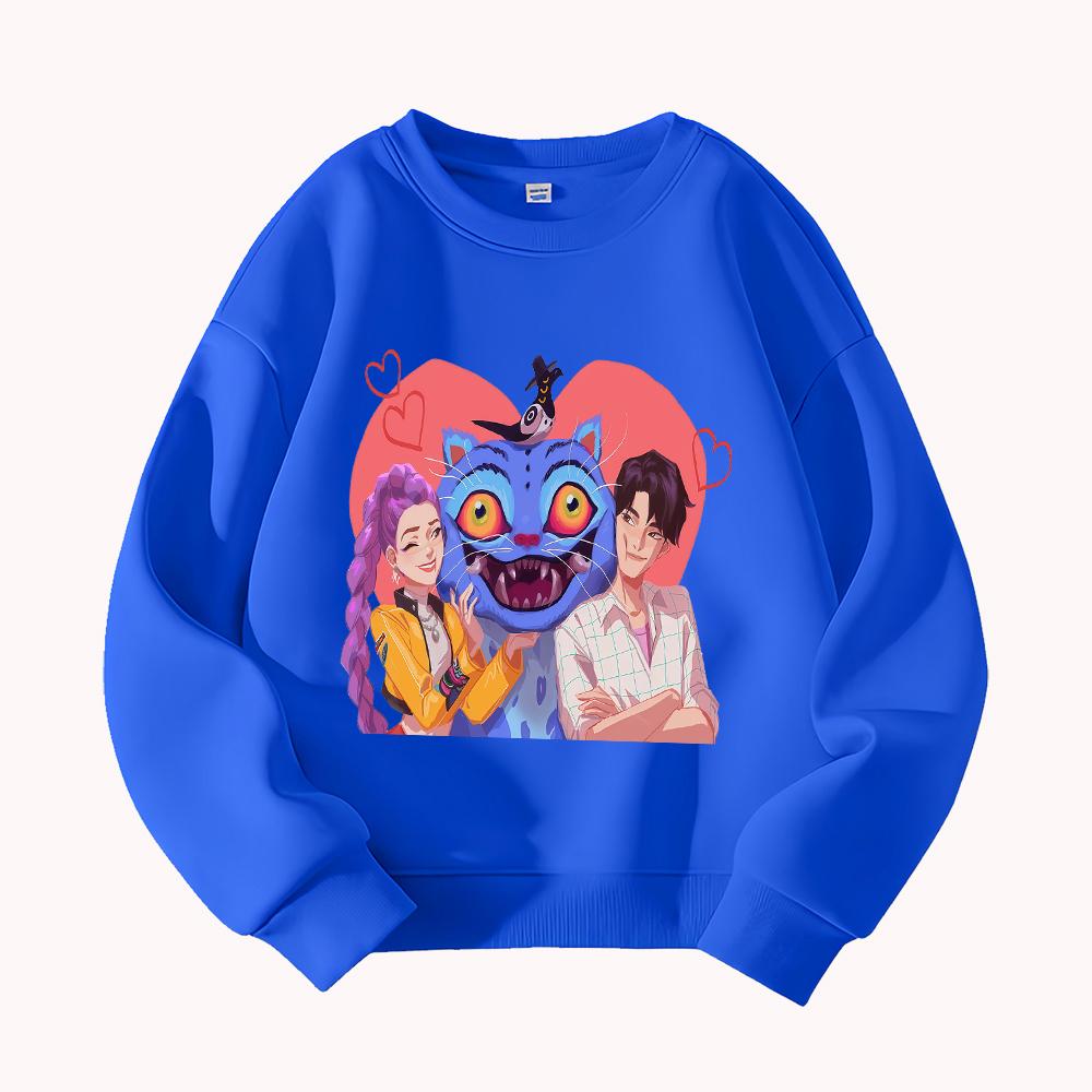 KPop Demon Hunter Cute Cartoon Cat Couple Print Round Neck Loose Pullover Sweatshirt for Men Women