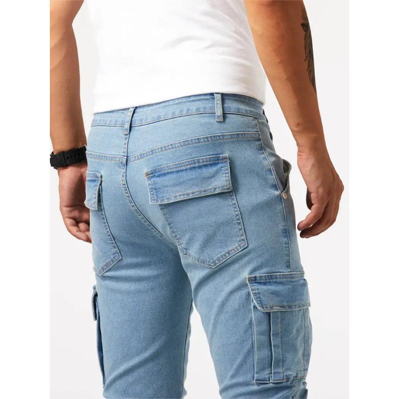 Pantaloni Cargo in Denim Skinny Azzurro Chiaro da Uomo Multi Tasche Elasticizzati Casual
