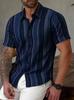 Mens Striped Short Sleeve Casual Shirt Oversized Summer Turn Down Collar
