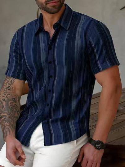 Mens Striped Short Sleeve Casual Shirt Oversized Summer Turn Down Collar