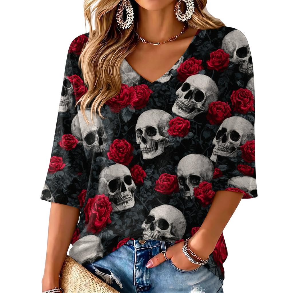 Women's V-Neck Halloween Print Lightweight Top for Spring and Summer