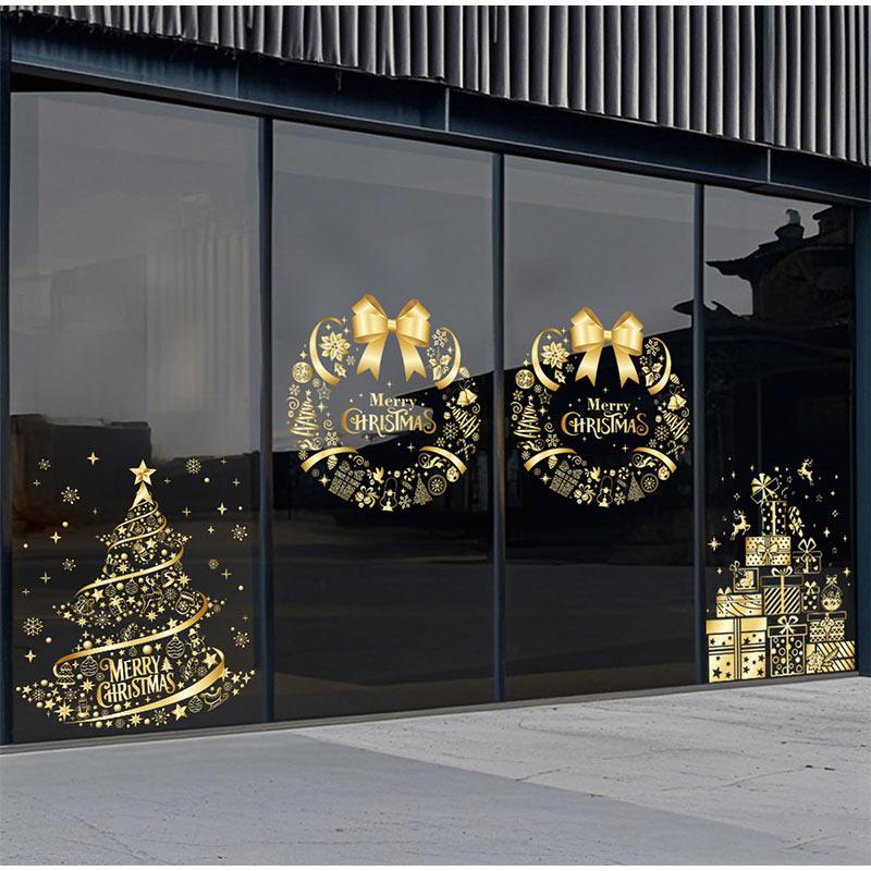 Christmas Sticker Gold PVC Double-sided Printed Static Window Sticker Christmas Decorations Atmosphere Glass Sticker New Year