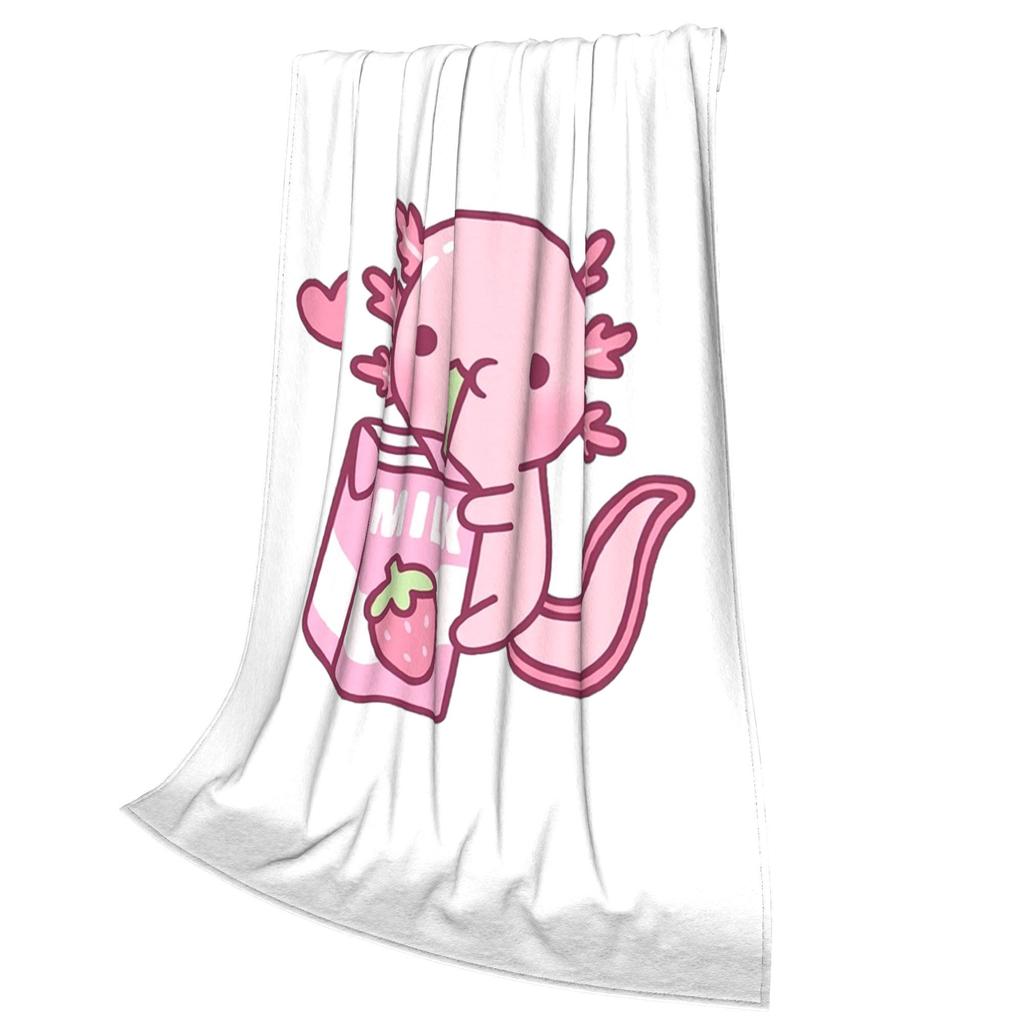Cute Axolotl Loves Strawberry Milk Doodle Blankets Soft Warm Flannel Throw Blanket Cover for Bed Living room Picnic Travel Home