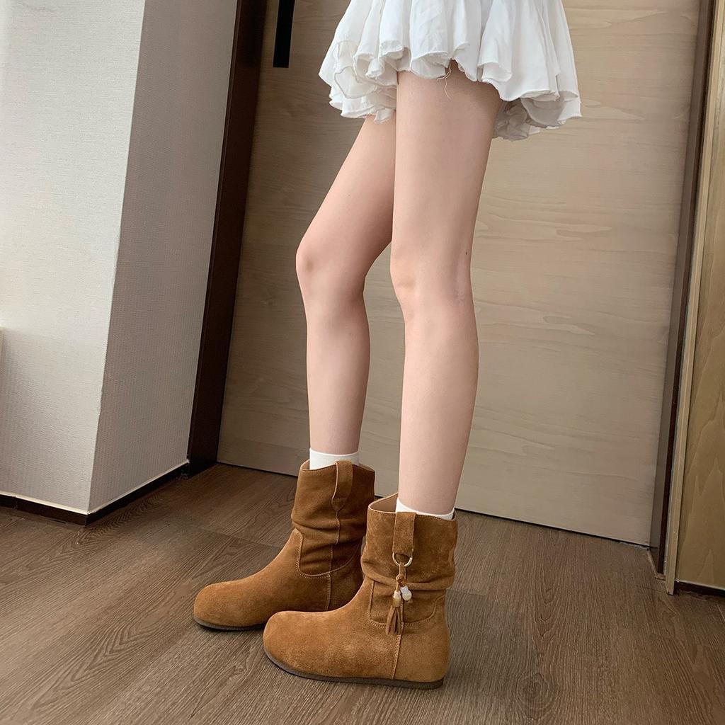 Inner height increase 3cm retro fringed beaded pile small short boots women's bohemian versatile Boken women's shoes boots