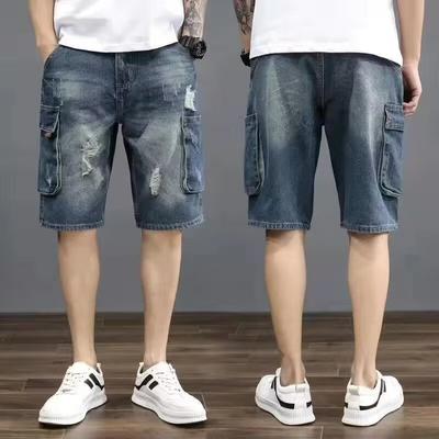 Short en jean léger pour homme, avec grandes poches, longueur genou, style cowboy, coupe ample, déchiré, troué