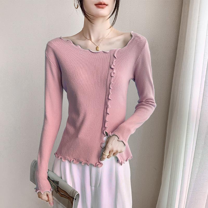 Fungus edge exposed collarbone solid color bottoming shirt women's clothing autumn new slim and thin top knitted sweater