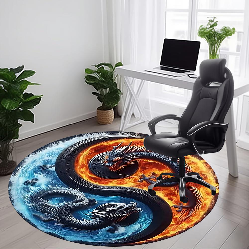 1pc Yin Yang Dragons Chair Carpet for Office, Round Non Slip Durable Large Size Office Carpet, Suitable for Office
