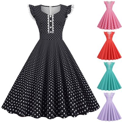Women's Fashion Lace Sleeve Vintage Polka Dot Printed Maxi Dress
