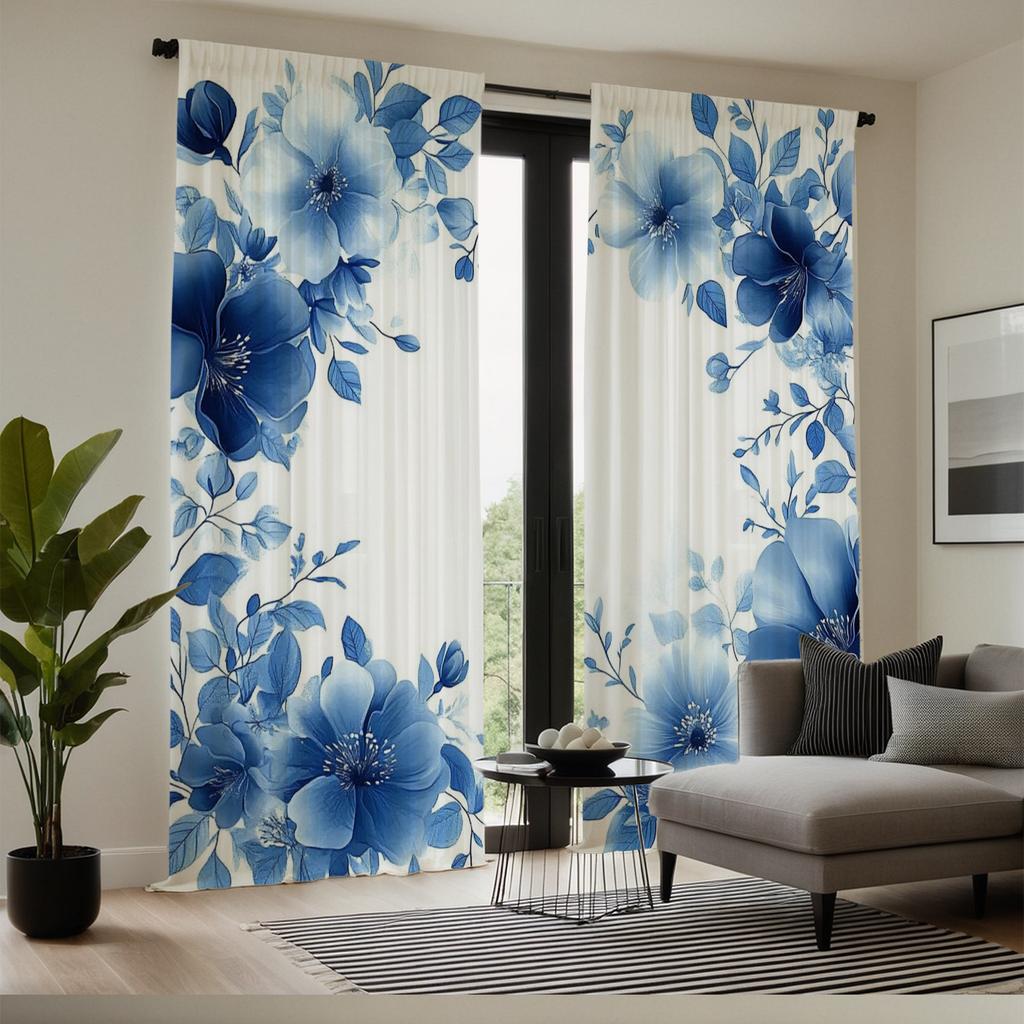 Piece Set Fresh Blue Floral Print Curtains Polyester Fabric Suitable Bedroom Living Room Decoration Made Of Sitting Window Treatment