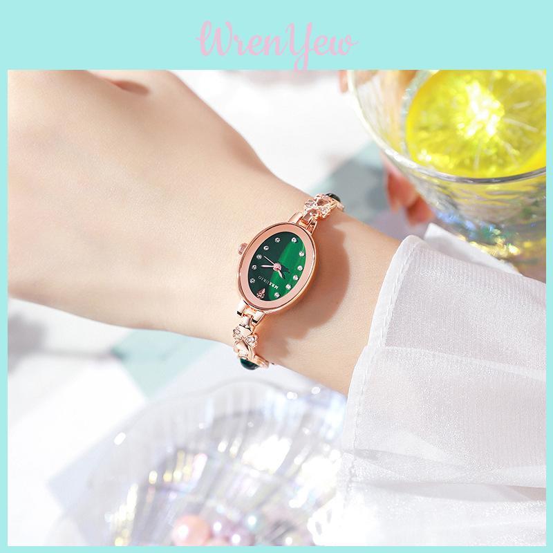 Elegant Ladies Watch With Green Gemstone Dial Quartz Movement For Casual Wear