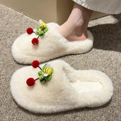 2024 Winter Shoes Women Cherry Slippers House Casual Women Fluffy Slides Autumn Warm Plush Slipper Bedroom Ladies Cotton Shoes