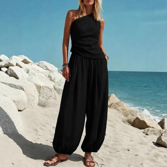 Women Tank Top Pants Two Piece Set Summer One-shoulder Sleeveless Shirt Trousers Solid Color Breathable Loose Casual Top Pants Suit