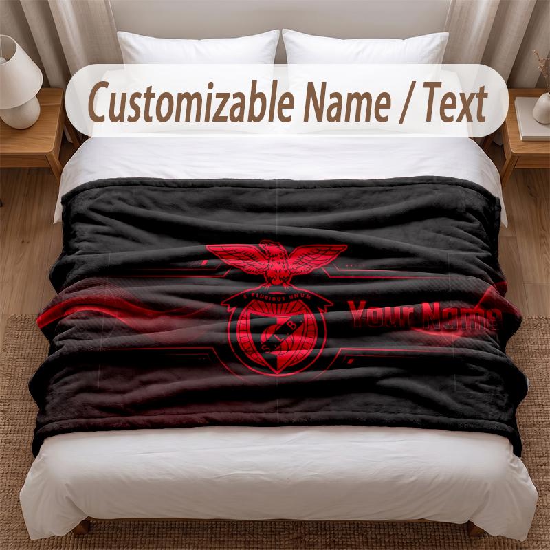 Benfica FC Printed Flannel Blanket Custom Name Text Soft Warm Throw For Bedroom Holiday Gift